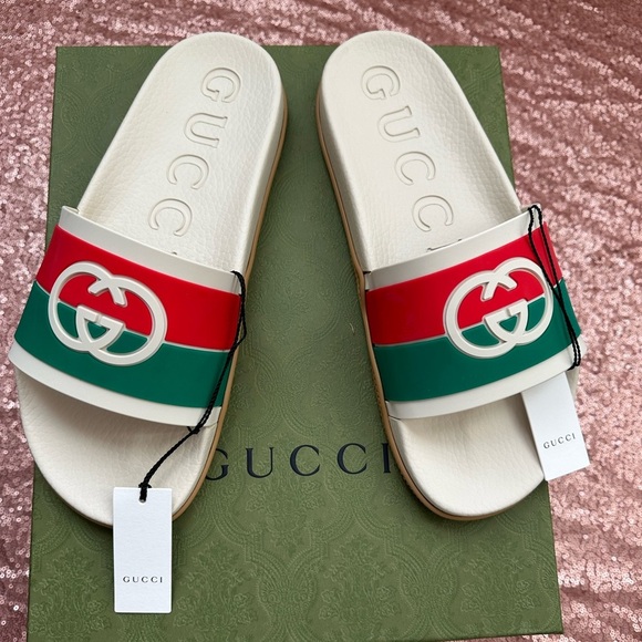 Authentic Gucci Cream Red Green Logo Interlocking G Slide Sandals Size 10 Men's - Picture 1 of 10